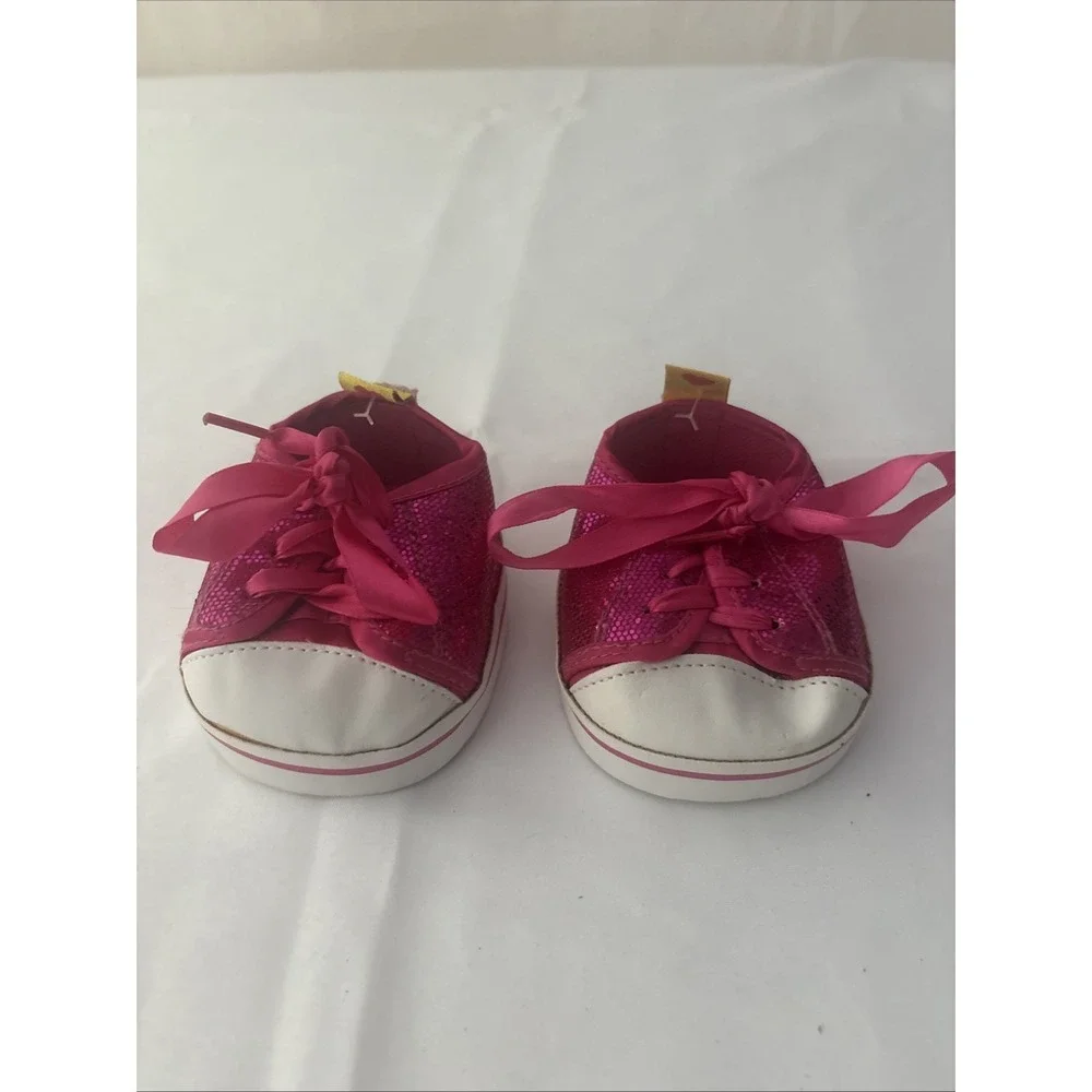 Build a Bear Hot Pink Glitter/Sequins Sneakers/Tennis Shoes Ribbon Laces